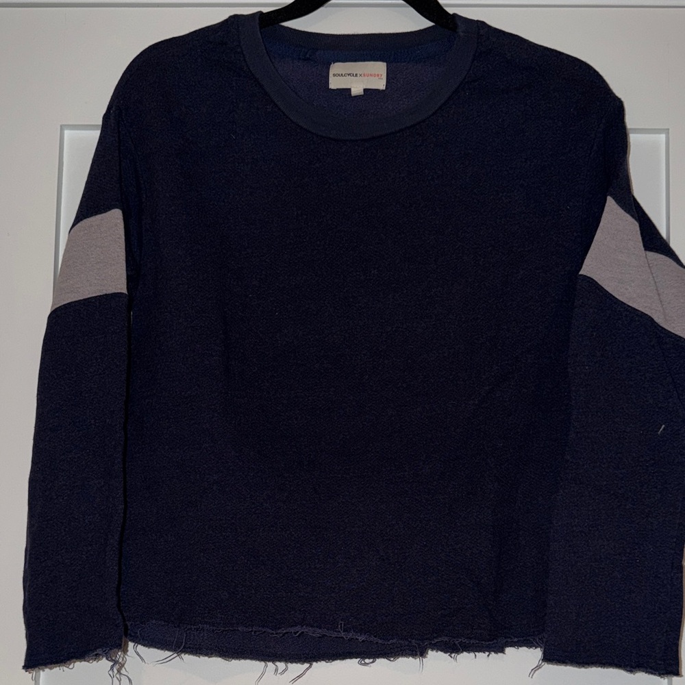 SoulCycle x Sundry Dark Blue Crewneck Sweater with Light Gray Stripes and Logo